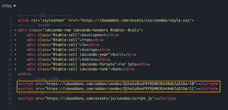 Condos widget code with 2 saved links