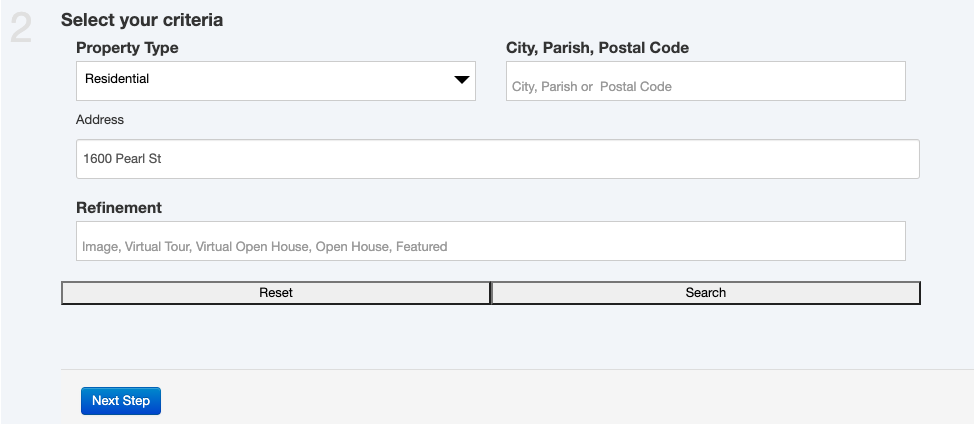 1600 Pearl St entered in Address input field