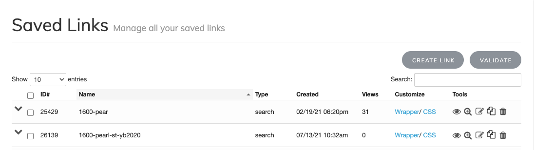 New saved link displayed in Saved Links Management