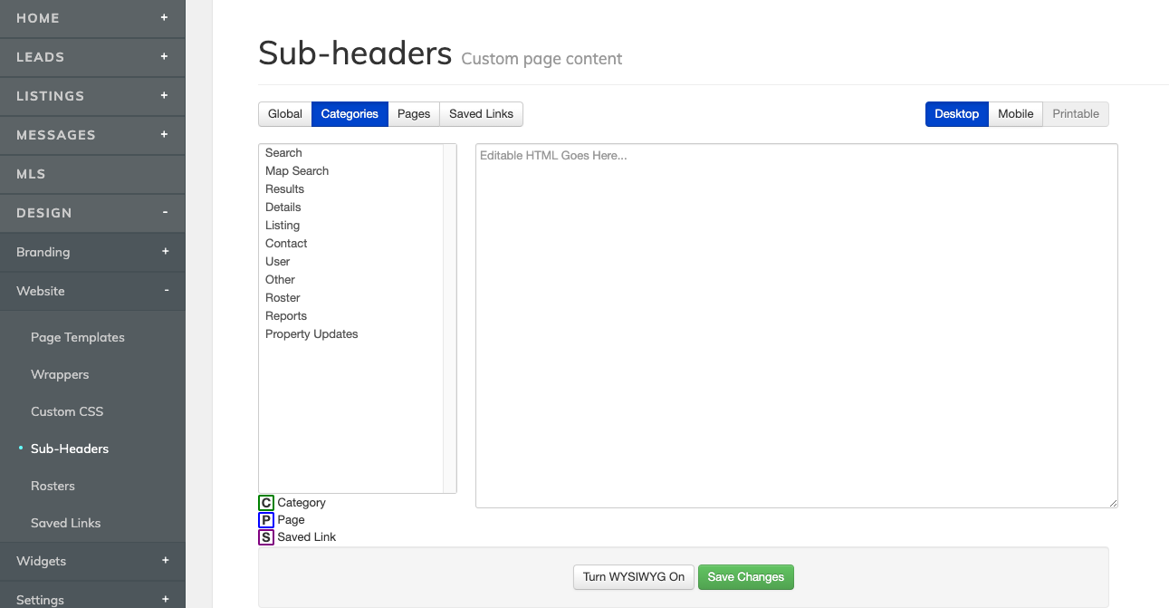 Design > Website > Sub-Headers > Categories in IDX Broker