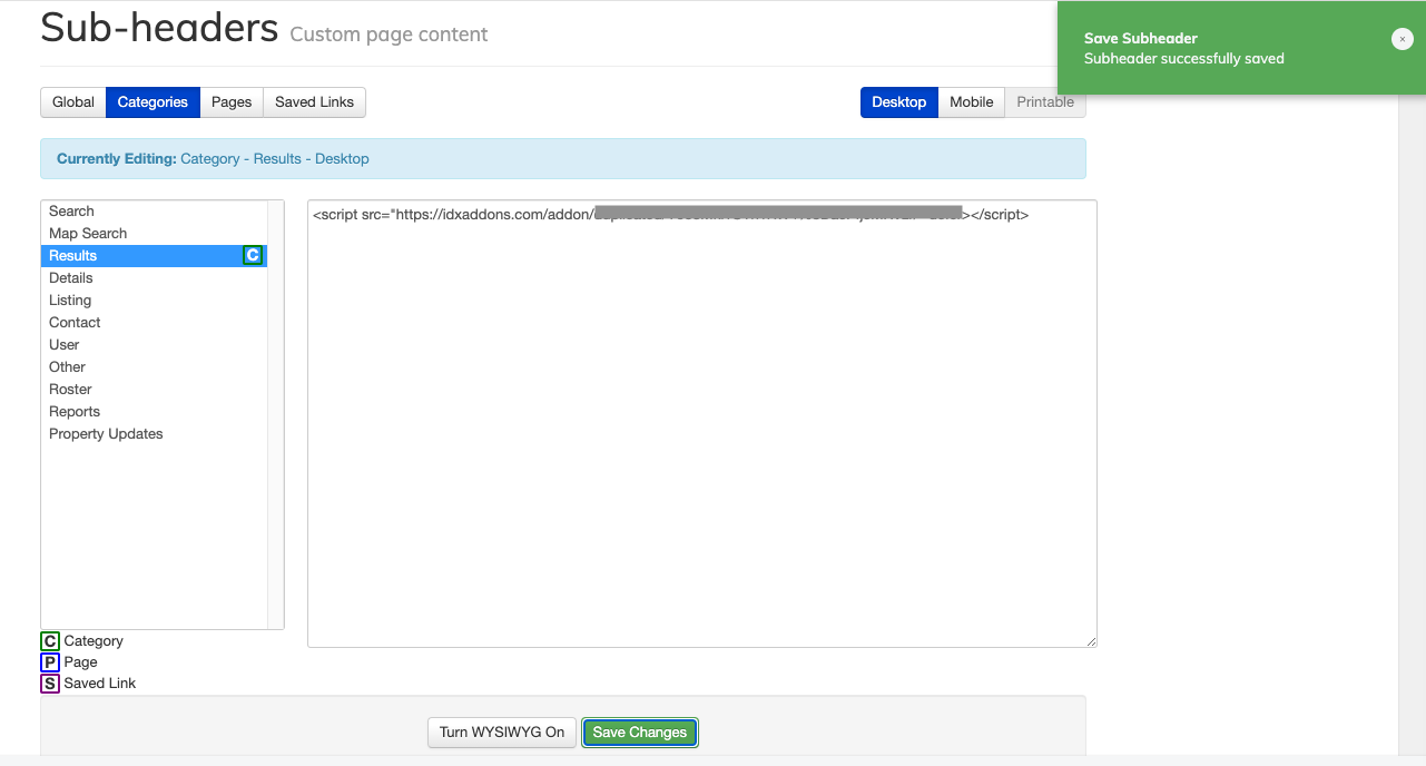 Code pasted in IDX Broker Sub-Headers