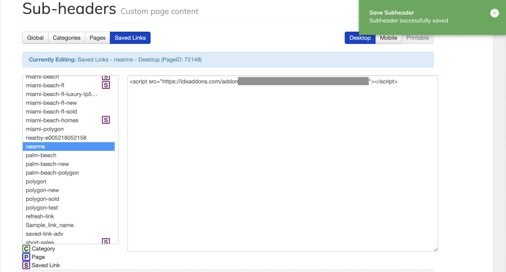 IDX Broker Saved Link sub-headers
