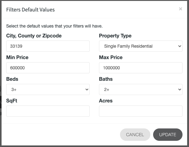 Default filter values