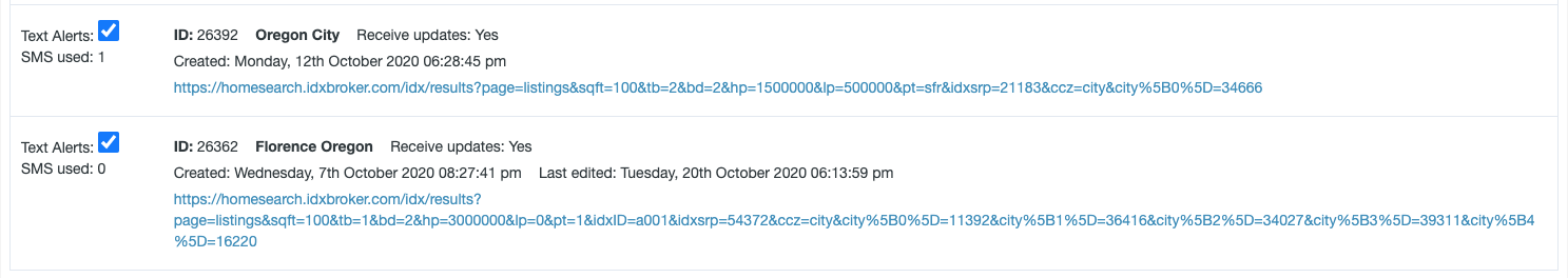 Number of text alerts sent per saved search