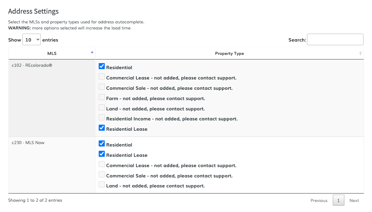 Select property types per MLS