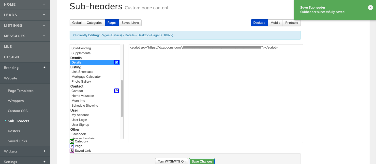 Paste widget in Details page sub-headers