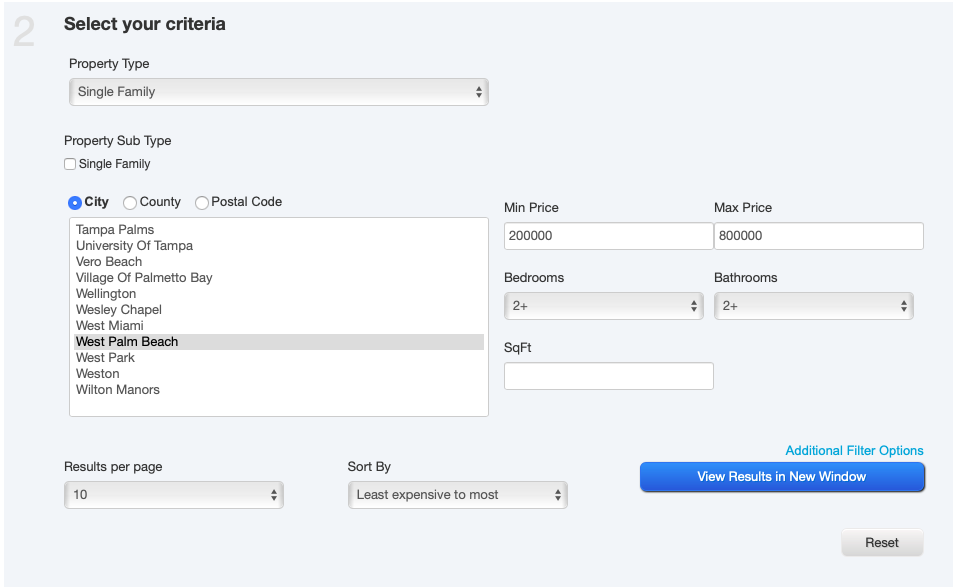 Select your search criteria form