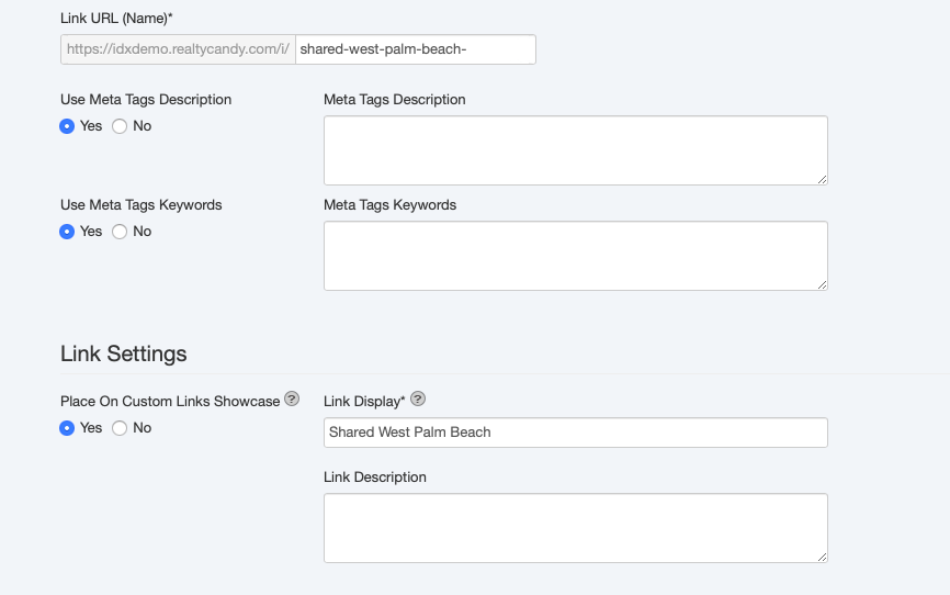 Rest of categories form: link url, meta tags, link settings