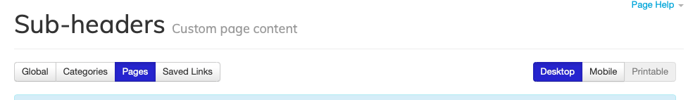 Sub-headers navigation options, pages selected