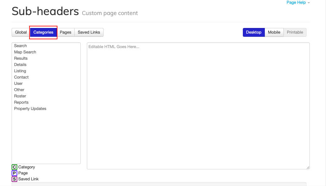 Sub-headers navigation options, categories selected