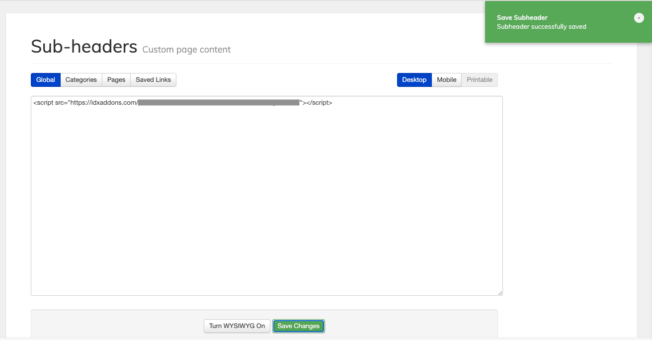 Script pasted in the Global sub-header section